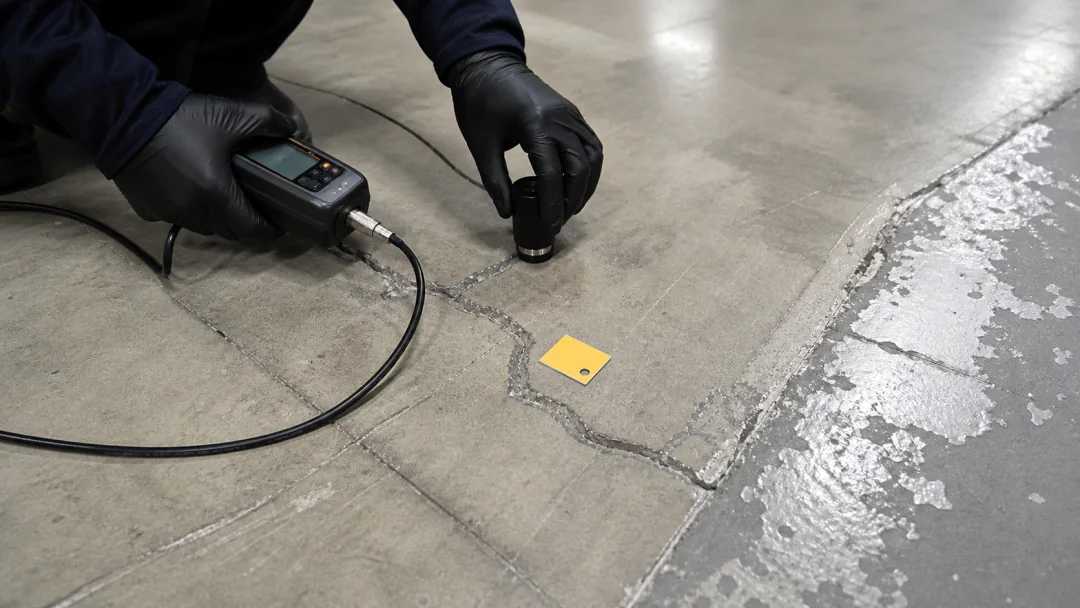 Technician examining cracks, an existing coating edge and moisture evidence on a commercial concrete slab
